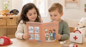 Una niña y un niño miran la edición en inglés de un libro para colorear sobre profesiones y personas que ayudan, junto a un maletín médico con estetoscopio y un casco de bombero; al fondo se ve una gorra de piloto.