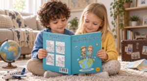 Dos niños miran juntos la edición en inglés de un libro para colorear sobre un viaje alrededor del mundo sentados en una alfombra, junto a un globo terráqueo, un avión de juguete, un mapa extendido y una maleta.