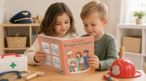 Twee kinderen bekijken samen een kleurboek over beroepen en helpers aan tafel; naast hen staan een dokterskoffer met stethoscoop en een rode brandweerhelm.