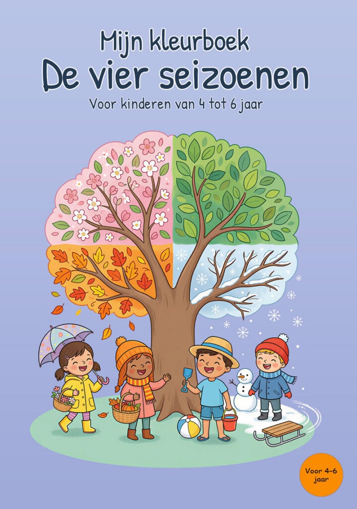 mijn-kleurboek-de-vier-seizoenen-voorkant Lichtpaarse voorkant van een kleurboek over de vier seizoenen met een vierdelige seizoensboom en vier kinderen met lentebloemen, een herfstmand, strandspullen, een sneeuwpop en een slee.