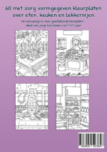 Paarse achterkant van een kleurboek met vier voorbeeldkleurplaten: een gedekte tuintafel, een bakkerijscène, een tafel met chocoladefontein en een open koelkast vol etenswaren.