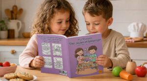 Twee kinderen bekijken samen een paars kleurboek over eten, koken en lekkernijen aan een keukentafel, met een houten bakje fruit en versierde koekjes op de voorgrond.