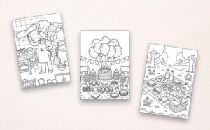 Drie zwart-witte kleurplaten met van links naar rechts een kok die pizzadeeg door de lucht laat draaien, een feesttafel met taart, ballonnen en kleine lekkernijen en een picknickkleed met sandwiches, fruit, cupcakes, drankjes en een picknickmand.