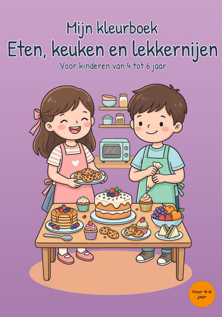 mijn-kleurboek-eten-keuken-en-lekkernijen-voorkant Paarse voorkant van een kleurboek over eten, koken en lekkernijen met twee kinderen achter een tafel vol taart, pannenkoeken, cupcakes, koekjes, fruit en sandwiches.