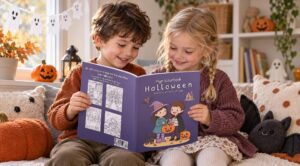 Twee kinderen bekijken samen een paars Halloween-kleurboek op de bank; rondom staan een pompoenlantaarn, een lantaarn, papieren spookversieringen en een zwarte vleermuisknuffel.