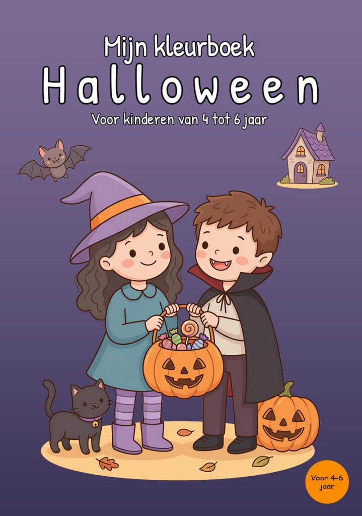 Paarse voorkant van een Halloween-kleurboek met een meisje verkleed als heks en een jongen als vampier, een snoeppompoen, zwarte kat, vleermuis, pompoenlantaarn en klein huis.