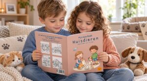 Twee kinderen bekijken samen een kleurboek over huisdieren op de bank; naast hen staan knuffels van een kat en hond en op de achtergrond ligt een hond te slapen.