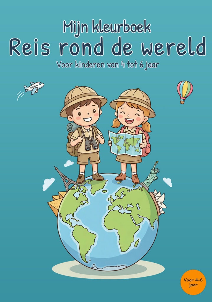 Turquoise voorkant van een kleurboek over een reis rond de wereld met twee jonge ontdekkers op een wereldbol, een landkaart, verrekijker, rugzakken, een vliegtuig, luchtballon en verschillende bekende bouwwerken.