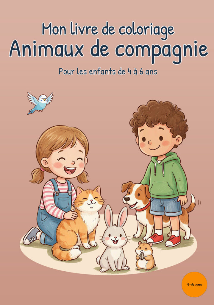 Couverture rose montrant deux enfants avec un chat, un chien, un lapin, un hamster et une perruche.