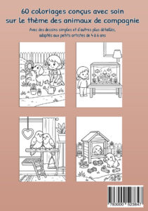 Quatrième de couverture rose avec quatre exemples de coloriages : un enfant avec un chien dans un jardin, une enfant devant un aquarium, deux oiseaux sur un perchoir et deux lapins près d’un clapier.