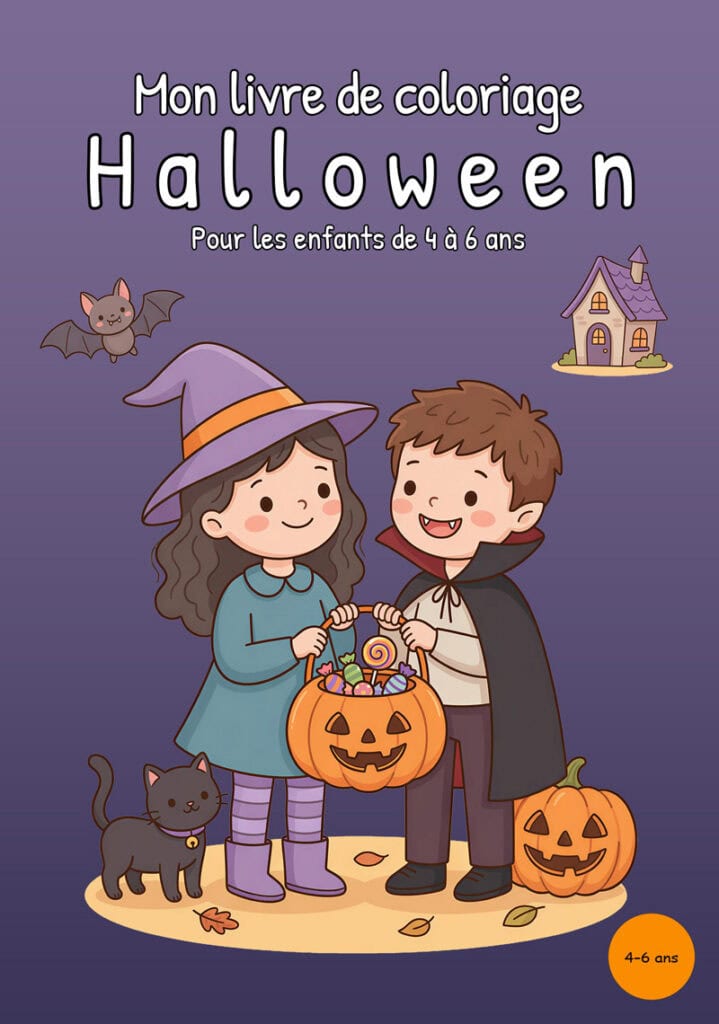Couverture violette montrant deux enfants déguisés en sorcière et vampire avec un seau-citrouille rempli de friandises, accompagnés d’un chat noir, d’une chauve-souris, d’une petite maison et d’une citrouille-lanterne.