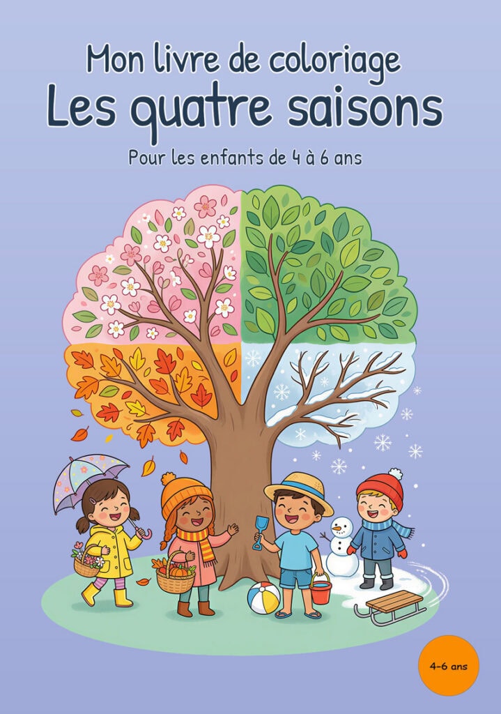 mon-livre-coloriage-quatre-saisons-premiere-couverture Couverture violette montrant un grand arbre divisé en quatre saisons, avec des fleurs au printemps, des feuilles vertes en été, des feuilles orangées en automne et des branches enneigées en hiver, accompagné de quatre enfants et de petits éléments saisonniers.