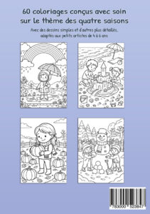 Quatrième de couverture violette avec quatre exemples de coloriages : une enfant sous un parapluie avec un arc-en-ciel, deux enfants construisant un château de sable, une enfant tenant une citrouille dans un champ et deux enfants jouant près d’un bonhomme de neige.