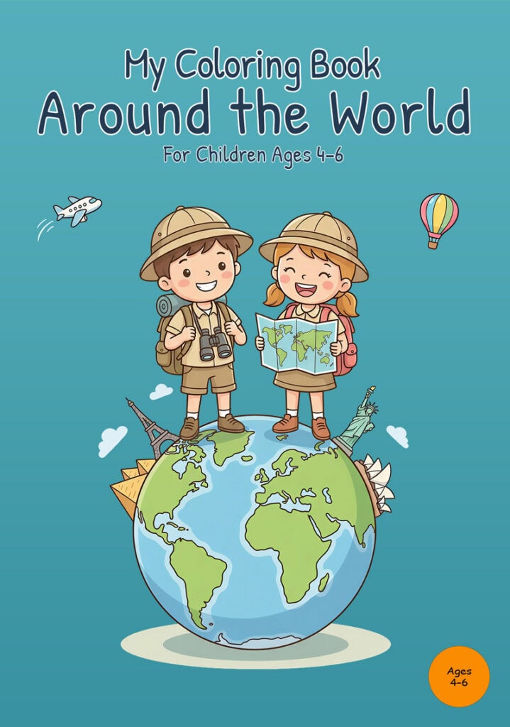my-coloring-book-around-the-world-front-cover Front cover of My Coloring Book Around the World with two young explorers standing on a globe, one holding a world map, with an airplane, hot-air balloon, and landmark illustrations on a teal background