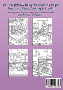 Back cover of My Coloring Book Food, Cooking & Treats showing an outdoor table with food, a baker preparing baked goods, a chocolate fountain dessert table, and an open refrigerator stocked with food