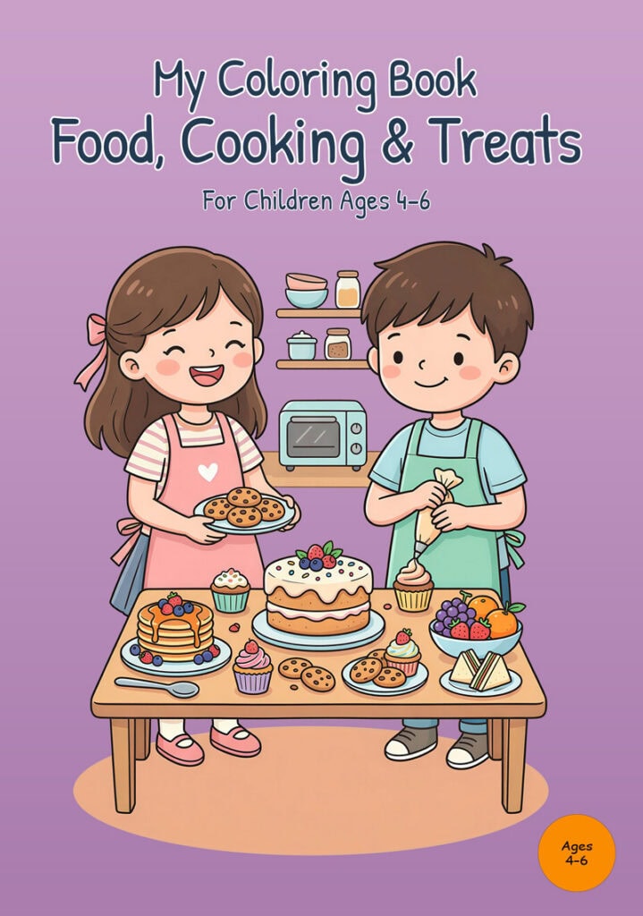 my-coloring-book-food-cooking-treats-front-cover Front cover of My Coloring Book Food, Cooking & Treats with two children in aprons behind a table filled with a cake, pancakes, cupcakes, cookies, fruit, and sandwiches on a purple background