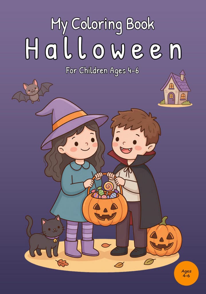 my-coloring-book-halloween-front-cover Front cover of My Coloring Book Halloween with a girl dressed as a witch and a boy dressed as a vampire holding a jack-o'-lantern candy bucket, with a black cat, bat, pumpkin, and small Halloween house on a purple background