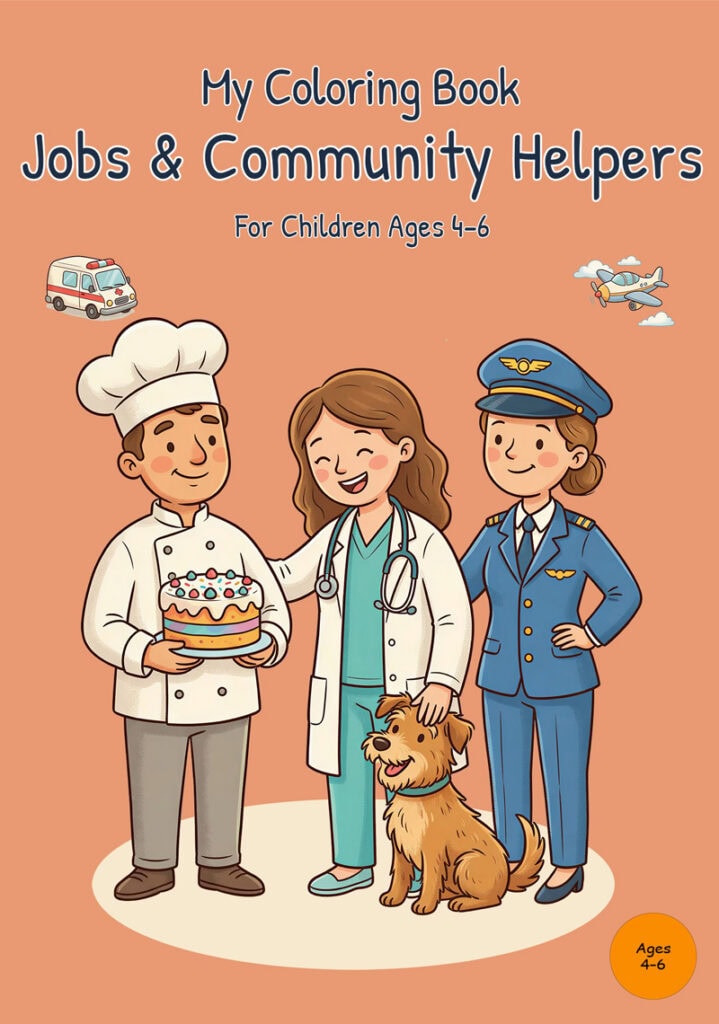 Front cover of My Coloring Book Jobs & Community Helpers with a baker holding a cake, a doctor with a stethoscope beside a dog, a pilot, an ambulance, and an airplane on an orange background