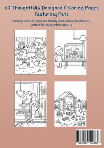 Back cover of My Coloring Book Pets showing four sample coloring pages with a child and dog in a garden, a child beside an aquarium, two birds on a perch, and two rabbits by a hutch