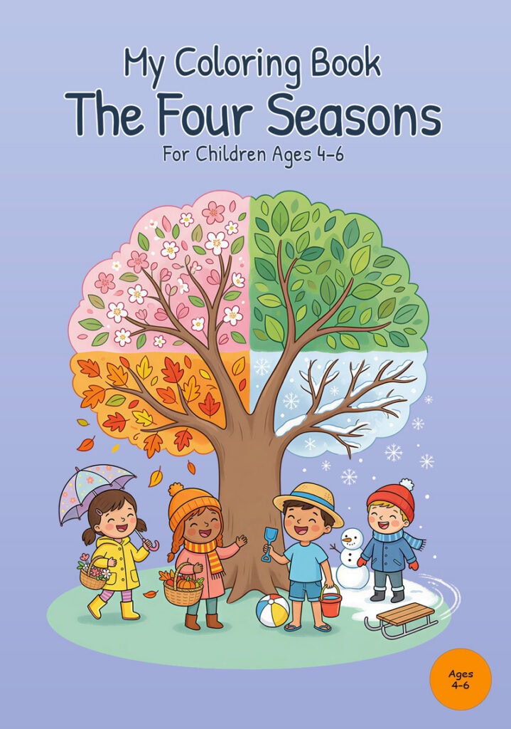 Front cover of My Coloring Book The Four Seasons with a tree divided into spring blossoms, summer leaves, fall foliage, and snowy winter branches, with children representing each season on a lavender background