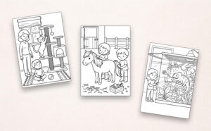 Three pet coloring pages show a cat playing on a cat tree while a child watches, two children brushing a pony in a stable, and a child misting a chameleon inside a planted terrarium