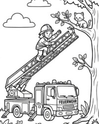 Mein Malbuch Feuerwehr & Polizei Kostenloses Ausmalbild aus Mein Malbuch Feuerwehr & Polizei mit Feuerwehrmann auf einer Drehleiter und Katze im Baum
