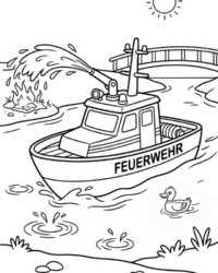 Mein Malbuch Feuerwehr & Polizei Kostenloses Ausmalbild aus Mein Malbuch Feuerwehr & Polizei mit Feuerwehrboot auf dem Wasser bei einem kleinen Löscheinsatz