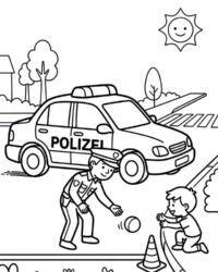 Mein Malbuch Feuerwehr & Polizei Kostenloses Ausmalbild aus Mein Malbuch Feuerwehr & Polizei mit Polizeiauto und Polizistin, die einem Kind hilft