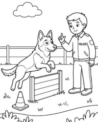Mein Malbuch Feuerwehr & Polizei Kostenloses Ausmalbild aus Mein Malbuch Feuerwehr & Polizei mit Polizeihund beim Training und einem freundlichen Polizisten