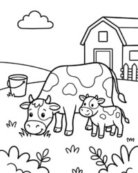 Mon livre de coloriage À la ferme Coloriage gratuit à imprimer représentant une vache qui broute avec un veau à ses côtés devant une grange