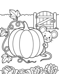 My Coloring Book On the Farm Free printable coloring page featuring a mouse peeking from behind a large pumpkin in a vegetable garden