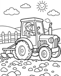 Mon livre de coloriage À la ferme Coloriage gratuit à imprimer représentant une personne qui conduit un tracteur en labourant un champ