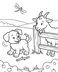 Mon livre de coloriage À la ferme Coloriage gratuit à imprimer représentant un chiot qui joue près d’une clôture, avec une chèvre et une libellule en arrière-plan