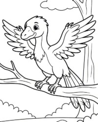 Mijn kleurboek Dinosaurussen Gratis kleurplaat om te printen met een Archaeopteryx die met uitgespreide vleugels op een boomtak zit