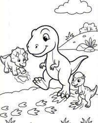 My Coloring Book Dinosaurs Free printable coloring page featuring a baby T. rex walking among dinosaur tracks with two smaller dinosaurs