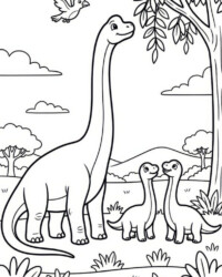 Mi libro para colorear Dinosaurios Dibujo para colorear gratis para imprimir con dos braquiosaurios, uno grande y otro pequeño, junto a un lago con una cascada