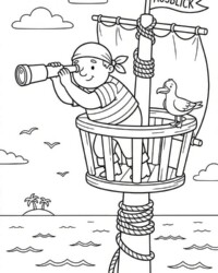 Mein Malbuch Piraten & Abenteuer Kostenloses Ausmalbild aus „Mein Malbuch Piraten & Abenteuer“ mit Pirat im Ausguck und Fernrohr