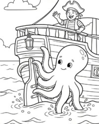 Il mio libro da colorare Pirati e avventure Disegno da colorare gratuito con un polpo amichevole vicino alla nave e un pirata che saluta, per bambini