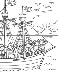 Il mio libro da colorare Pirati e avventure Disegno da colorare gratuito con un’allegra ciurma di pirati su una nave al tramonto
