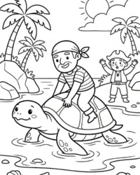Mijn kleurboek Piraten en avontuur Gratis kleurplaat met een piraat op een zeeschildpad, palmbomen en een eiland op de achtergrond