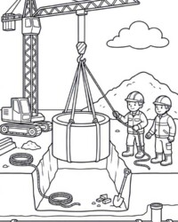 Mein Malbuch Auf der Baustelle Kostenloses Ausmalbild mit Baukran, großem Betonring, Bauarbeitern, Baugrube, Rohren und Werkzeugen auf der Baustelle