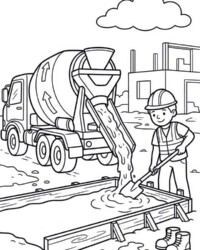 Mijn kleurboek Op de bouwplaats Gratis kleurplaat met een betonmixer, een bouwvakker, vers beton, houten bekisting en een gebouw op de achtergrond