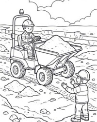Mijn kleurboek Op de bouwplaats Gratis kleurplaat met een kiepwagen vol zand, een bouwvakker achter het stuur, nog een bouwvakker en een steengroeve op de achtergrond