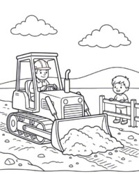 Mein Malbuch Auf der Baustelle Kostenloses Ausmalbild mit Planierraupe, Bauarbeiter am Steuer, Sandhaufen, Zaun und zuschauendem Kind auf der Baustelle