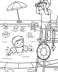 Mijn kleurboek Beroepen en helpers Gratis kleurplaat met een badmeester bij het zwembad, kinderen in het water, een reddingsboei, fluitje, parasol en zwembad op de achtergrond