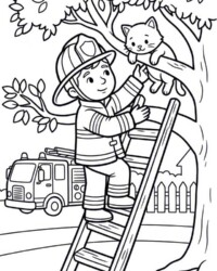 Mijn kleurboek Beroepen en helpers Gratis kleurplaat met een brandweerman op een ladder, een kat in een boom, een brandweervoertuig, een hek en een huis op de achtergrond