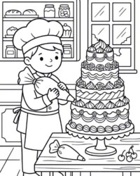 Mein Malbuch Berufe & Helfer Kostenloses Ausmalbild mit Konditor beim Verzieren einer großen Torte, Spritzbeutel, Kirschen, Backregal und Fenster im Hintergrund