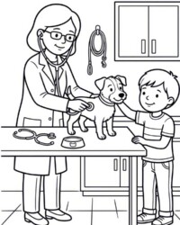 Free coloring page with a veterinarian, a dog on the exam table, a child, a stethoscope, a pet bowl, and a veterinary clinic in the background