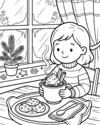 Mijn kleurboek De vier seizoenen Gratis kleurplaat met een kind dat warme chocolademelk drinkt, met koekjes, kaneelstokjes, sneeuwvlokken en een winters raam op de achtergrond