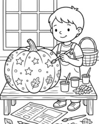 Free coloring page with a child painting a large pumpkin, stars, leaves, paint pots, brushes, and fall leaves